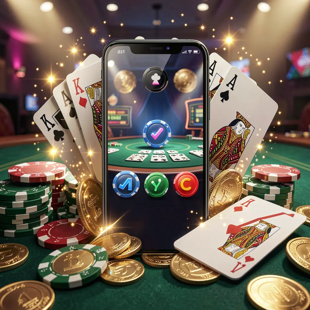 RALEN29 mobile gaming application concept showing a smartphone surrounded by playing cards, roulette chips, gold coins, and sparkling lights in a premium casino style RALEN29 mobile gaming application concept showing a smartphone surrounded by playing cards, roulette chips, gold coins, and sparkling lights in a premium casino style