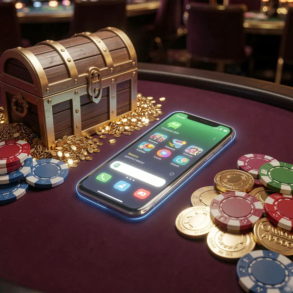 Glowing smartphone displaying RALEN29 Casino APK with Android-style app layout, surrounded by treasure chest, chips, and coins in a luxury 3D render Glowing smartphone displaying RALEN29 Casino APK with Android-style app layout, surrounded by treasure chest, chips, and coins in a luxury 3D render