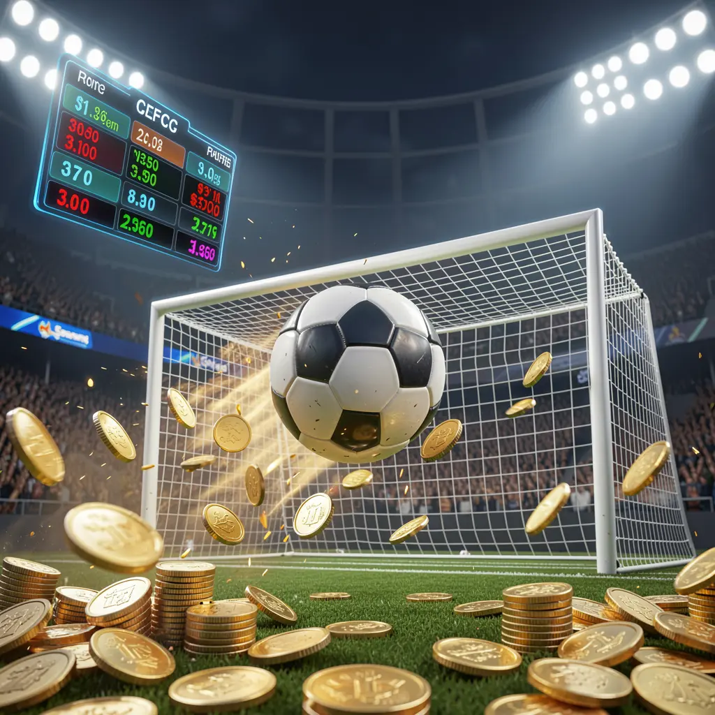 RALEN29 premium match betting visual showing a soccer ball flying toward the goal in a stadium with floodlights, glowing odds interface, and golden coins creating a dynamic sports betting atmosphere RALEN29 premium match betting visual showing a soccer ball flying toward the goal in a stadium with floodlights, glowing odds interface, and golden coins creating a dynamic sports betting atmosphere