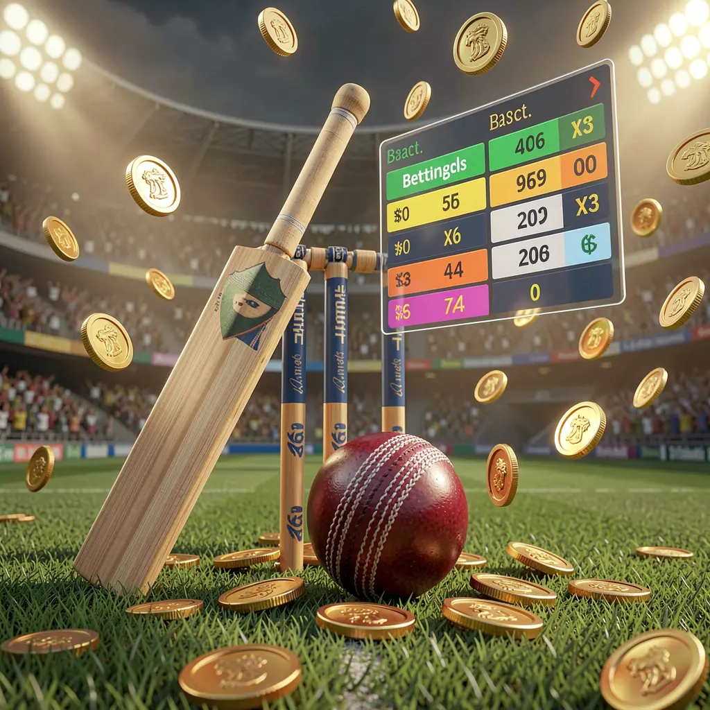 Realistic 3D illustration of a cricket bat, cricket ball, and wickets on stadium grass with floating betting odds interface and golden coins flying, representing RALEN29 sports betting page Realistic 3D illustration of a cricket bat, cricket ball, and wickets on stadium grass with floating betting odds interface and golden coins flying, representing RALEN29 sports betting page