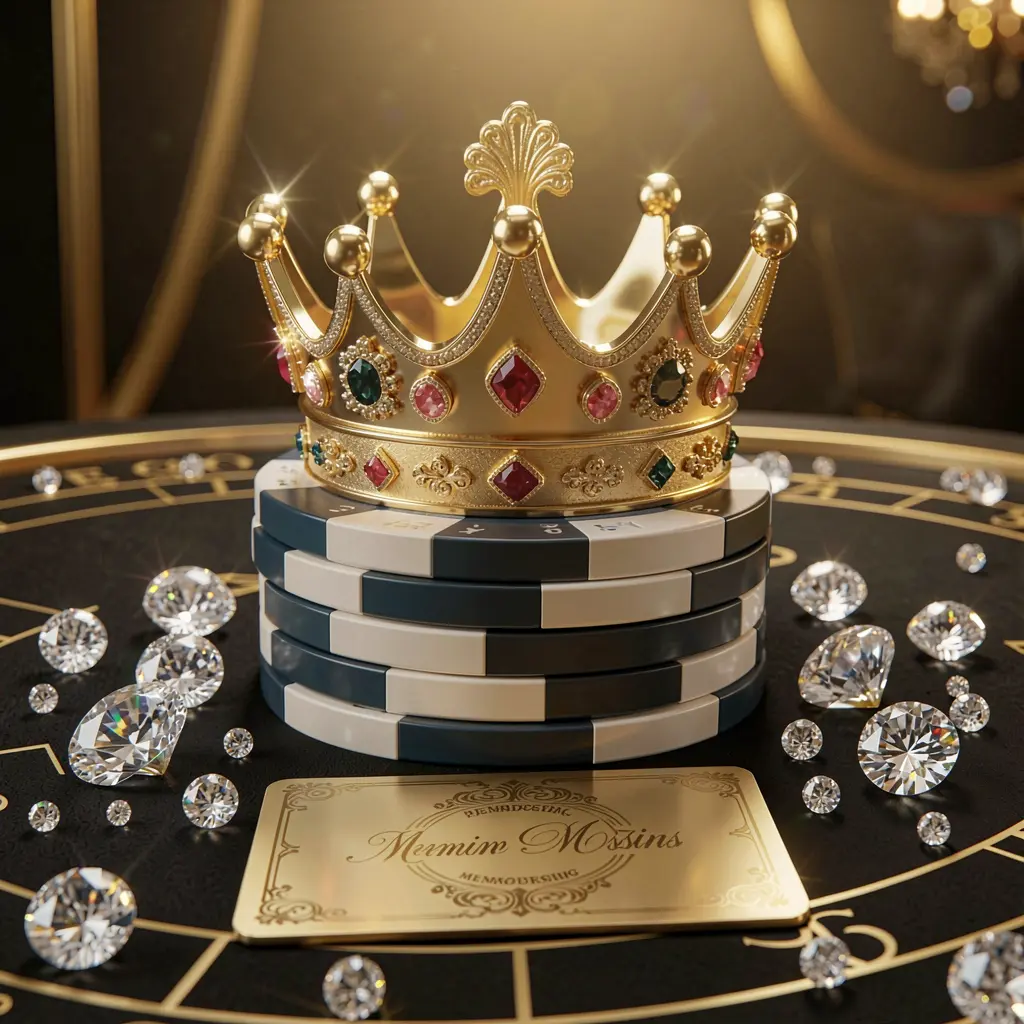 Elegant golden crown placed on top of poker chips with sparkling diamonds and a premium membership card against a luxury black and gold background, showcasing RALEN29's exclusive high-end casino VIP rewards atmosphere Elegant golden crown placed on top of poker chips with sparkling diamonds and a premium membership card against a luxury black and gold background, showcasing RALEN29's exclusive high-end casino VIP rewards atmosphere