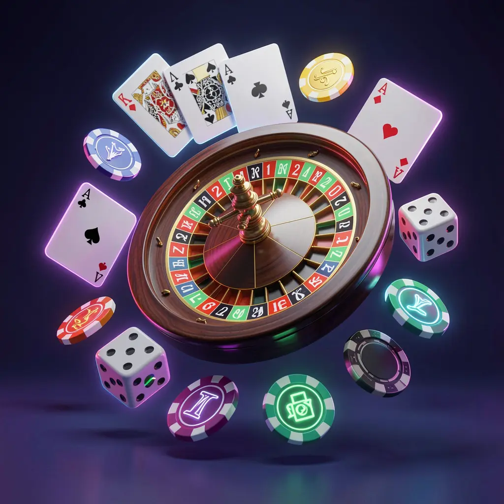RALEN29 online casino games collection featuring a neon glow 3D render of a roulette wheel, blackjack cards, dice, slot symbols, and poker chips floating together