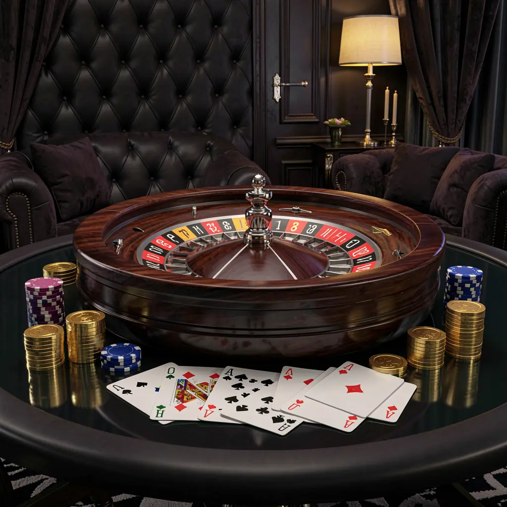 Realistic 3D illustration of a modern online casino scene featuring a roulette wheel, playing cards, poker chips, and golden coins on a glossy table with a dark luxury background, showcasing the RALEN29 brand experience