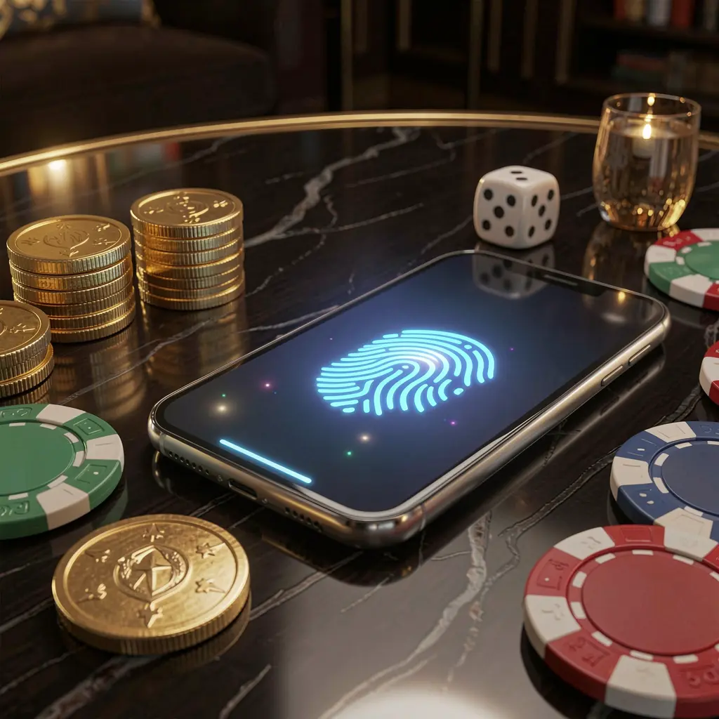 Smartphone displaying a glowing fingerprint icon for secure online gaming account access with golden coins, dice, and poker chips on a glossy table, featuring cinematic lighting in a luxury 3D render by RALEN29 Smartphone displaying a glowing fingerprint icon for secure online gaming account access with golden coins, dice, and poker chips on a glossy table, featuring cinematic lighting in a luxury 3D render by RALEN29